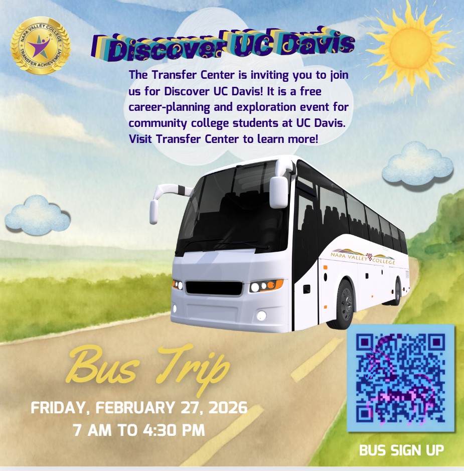Flyer for Discover UC Davis, a bus driving along a road with a QR code to register
